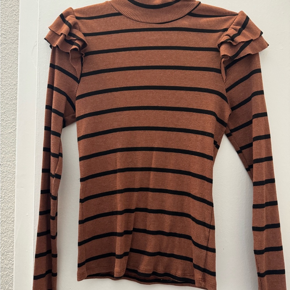 T.La Brown and Black Striped Ruffle Sleeve Top
